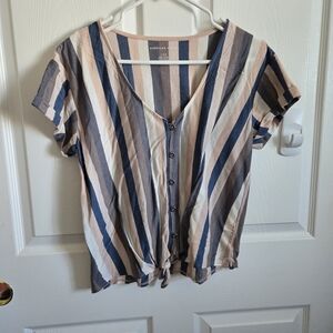 American Eagle Tie Front Striped Top L Women's Button Front Orange Short Sleeve